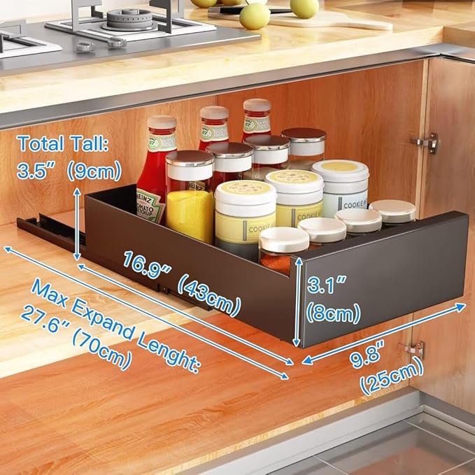 Pull Out Cabinet Telescopic Sliding Drawer Extendable Pullout Storage for Cupboard Drill Free Installation 25cm W x 43cm D x 9cm H Black Kitchen Solution，Black 25cm