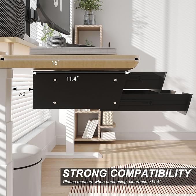 Under Desk Mounted Sliding Double Layer Drawer with Tilt Panel to Pull Out, 11.6'' Long & 10.4'' Deep Dual Storage Organizer for Sit Stand Workstation