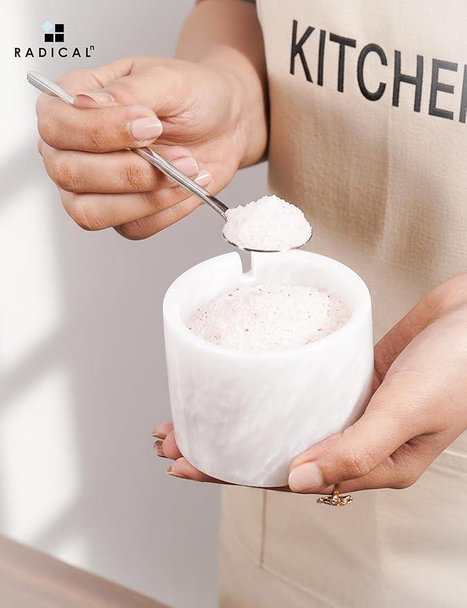 Radicaln Marble Salt Cellar with Lid and Tray 3" Inch Oceanic and White Handmade Salt Dish For Kitchen Countertop, Ideal Set of 2 Seasoning Jars & Table Salt Container For Table