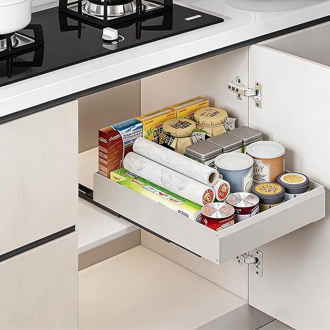 Pull Out Cabinet Organizer, Slide Out Drawers for Kitchen Cabinets, Heavy Duty Cabinet Pull Out Shelves with Adhesive Mount, No-Drill Space Aluminum Rolling Tray for Pantry, Bathroom & Base Cabinets