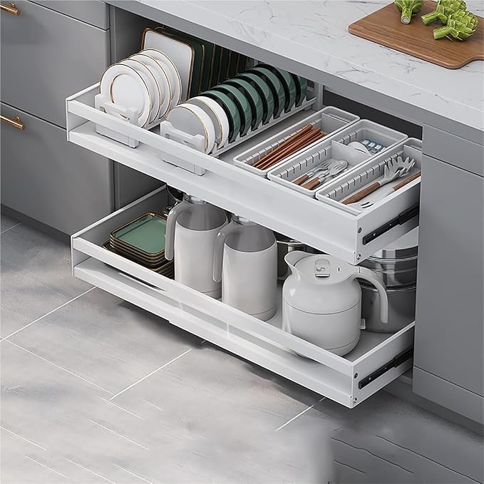 Pull out Cabinet Organizer,Under Sink Organizer, Roll out Storage Shelf Storage for Pantry,Extendable Drawer For Kitchen Storage,No Need Drill and Nailing,for Kitchen, Living Room, Home.(White,TWO-47*