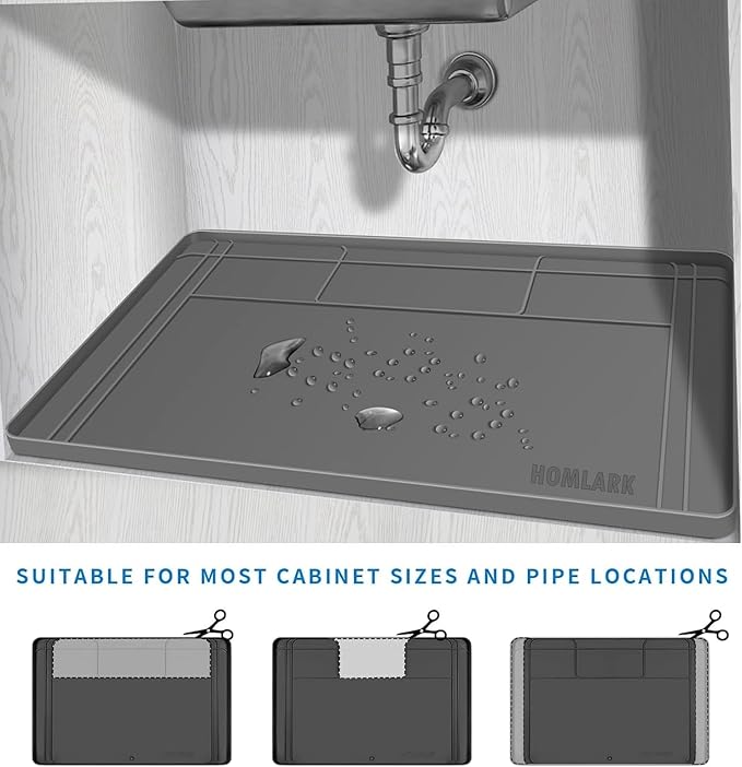 Under Sink Mat for Kitchen Waterproof, 34x22 Inches with Smaller Cut - Flexible Silicone Under Sink Liner, Kitchen Bathroom Cabinet Organizer for Drips Leaks (Grey, 34" L x 22" or Smaller)