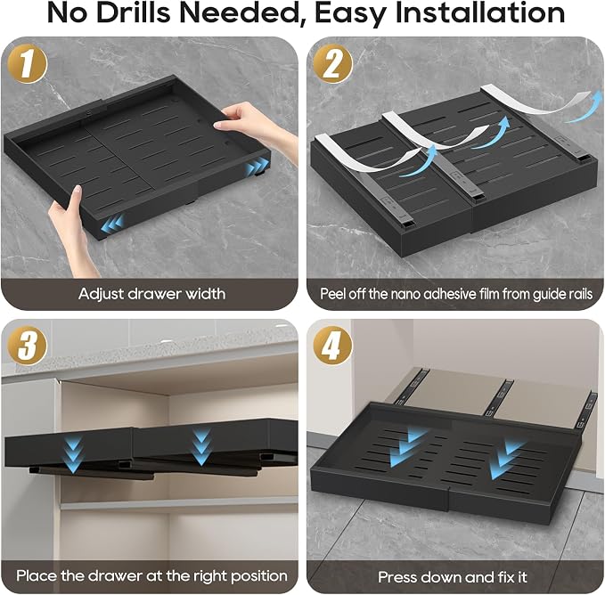Expandable Pull Out Cabinet Organizer 16.5" Deep, 3 Rails Slide Out Drawer for Kitchen Cabinet, Adjustable No Drill Roll Out Shelf Adhesive with Nano Film 12.2"-20.5" W Black 1 Pack