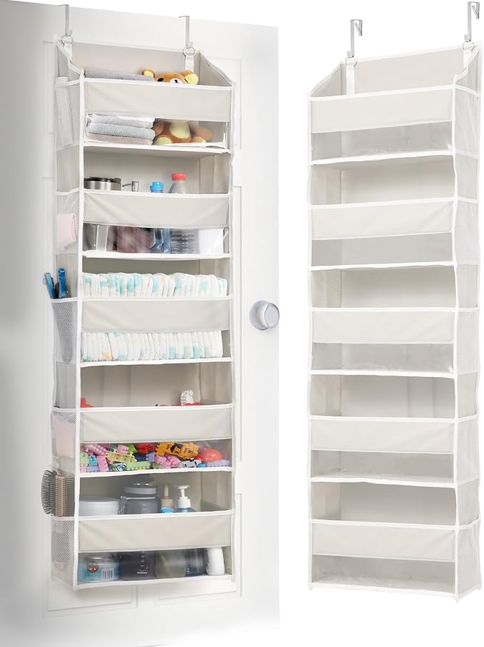 ULG 1-Pack Over Door Organizer with 5 Large Pockets 10 Mesh Side Pockets, 44 lbs Weight Capacity Hanging Storage Organizer with Clear Window for Bedroom Bathroom Kitchen, RV, Camper, Beige