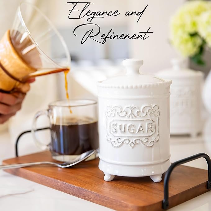 25DOL 35 Ounce Elegant Ceramic Kitchen Canisters Set of 3 - Beautifully Engraved Coffee Tea Sugar Storage Containers Airtight with Feet for Added Style and Stability - Ceramic Jar with Airtight Lid