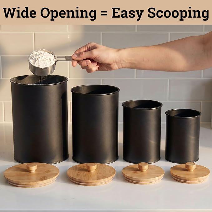 Kitchen Canisters for Countertop Set of 4 with Customizable Chalkboard Labels & Marker Pen - Big Iron Kitchen Canisters with Airtight Lids - Black Canister Set - Flour and Sugar Containers Farmhouse