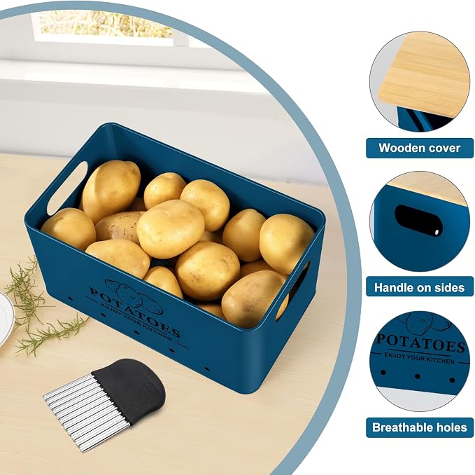 Kitchen Vegetable Storage Set of 3, Metal Onion Garlic Potato Storage Set, Kitchen Canisters Vegetable Keeper Containers with Aerating Holes and Wooden Lid (Dark Blue)