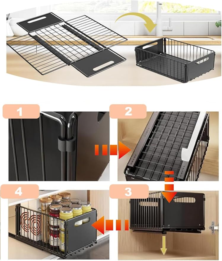 Pull Out Drawers for Cabinets Under Kitchen Sink Storage Organizer No Drill Adjustable Baskets for Cupboard Bathroom(Milk-19 cm)