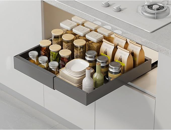 Telescopic Extendable Slide Out Drawer Shelves Storage,Adjustable Width,Pull-out storage rack,Kitchen storage rack,No need to punch holes,for Kitchen Cabinet(Gray,Small)