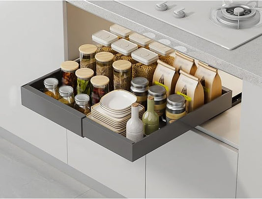 Telescopic Extendable Slide Out Drawer Shelves Storage,Adjustable Width,Pull-out storage rack,Kitchen storage rack,No need to punch holes,for Kitchen Cabinet(Gray,Small)