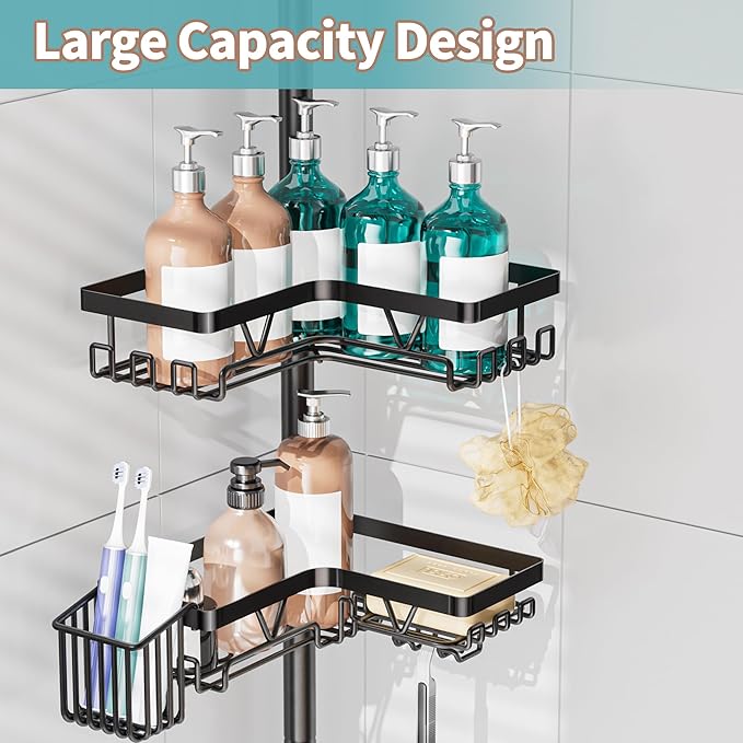 KEGII Corner Shower Caddy Tension Pole with Toothbrush Holder | Adjustable Shower Organizer with Soap Holder and Hooks, No Drilling Rustproof Bathroom Shelf Storage Rack, Fits 25-114.2 Inch