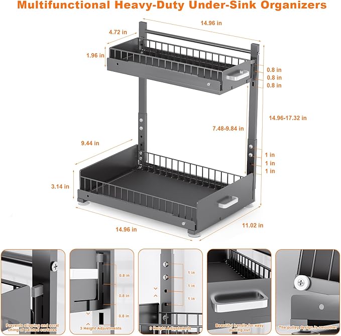 2 Pack Under Sink Organizer, 2 Tier Slide Out Cabinet Organizer with Pulley, Height Adjustable Pull Out Shelf for Kitchen, Bathroom, Laundry and Utility Storage, Gray