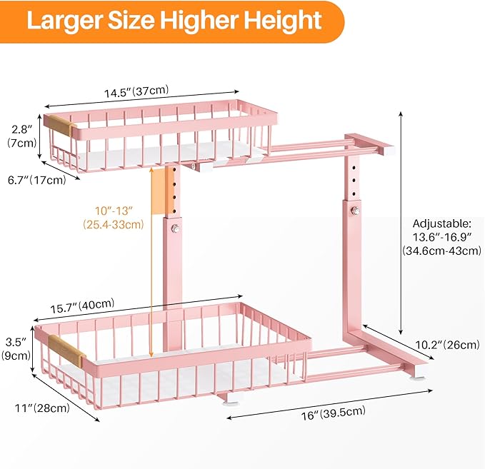 PXRACK Under Sink Organizer, Adjustable Height, 2 Tier Pull Out Under Cabinet Organizer, Slide Out Thickened Metal Under Sink Storage for Kitchen Bathroom Laundry Pantry Cabinet, Pink, Large-1-Pack