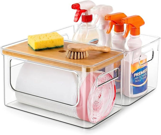 Hudgan 2 in 1 Acrylic Trash Bag Dispenser Under Sink, Garbage Bags Holder with Stackable Bamboo Top for Kitchen, Pantry, Laundry Room