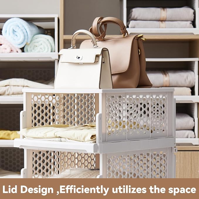 Pull-out Plastic Storage Basket with a Lid,Stackable Closet Organizers Drawer Anti-Tipping,Stable Shelf Container for Bathroom Laundry Room Storage, Space-Saving Clothes Storage ,White Gray,2 pack