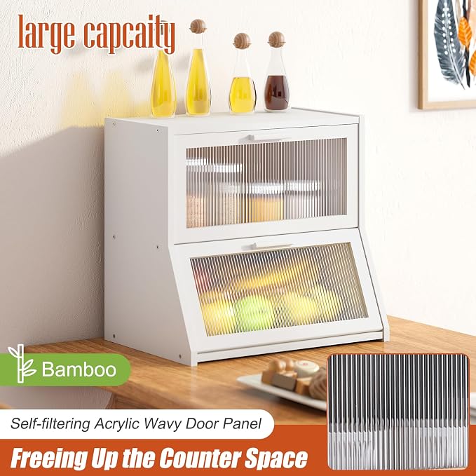GHWIE Double Layer Bamboo Bread Box for Kitchen Counter,Large Capacity Bread Storage Bin,Bread Container with Acrylic Wavy Door Panel (White, Extra Large)