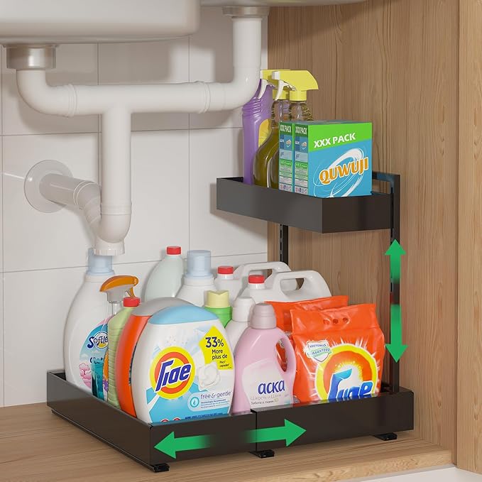 REALINN L-Shaped Under Sink Organizer with 6-Level Height Adjustment & Expandable Width, Pull-Out Cabinet Storage Rack with Quiet Sliding Rails for Kitchen, Bathroom, Laundry Room Cabinets, Black