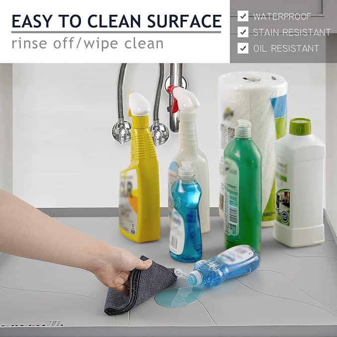 Heavy Duty Silicone Under Sink Mats for Kitchen Waterproof 40" x 22", Extra Thick Under Sink Rubber Mat Drip Tray, Raised Edge Under Sink Liner,Prevent Drips, Leaks, Spills,Grey