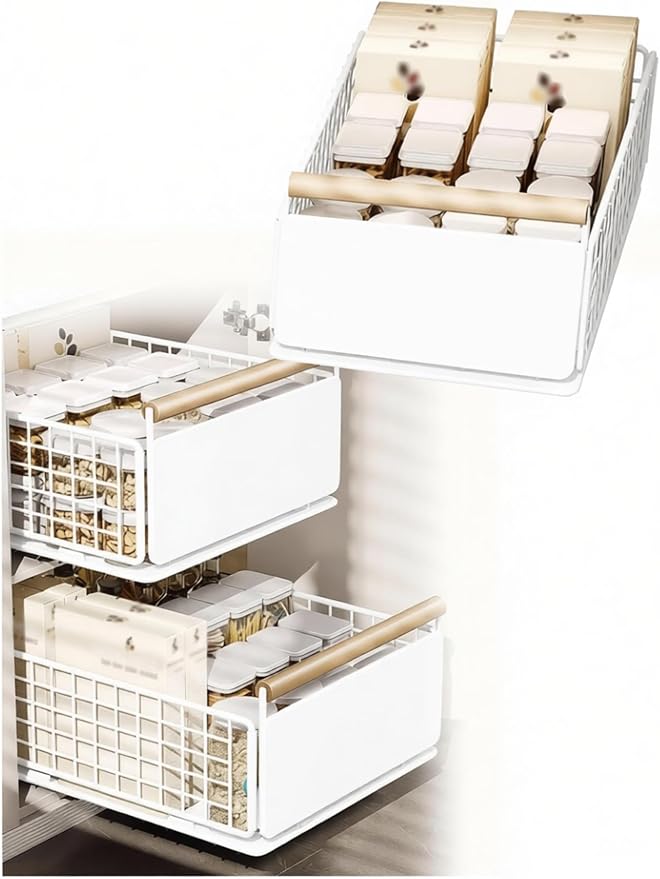 Heavy Duty Kitchen Slide Out Shelves - No Drill Pull Out Drawers for Cabinets Adjustable Height(Milk,19.5 cm)