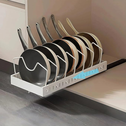 Pull out drawers Pots and Pans Organizer With M-Shaped Vertical Slots Under Cabinet，Slide Out inside Cabinet Storage for Pot Lid Holder And Spoon Rest,Dishes,7 Adjustable Dividers(White,"M"Style)