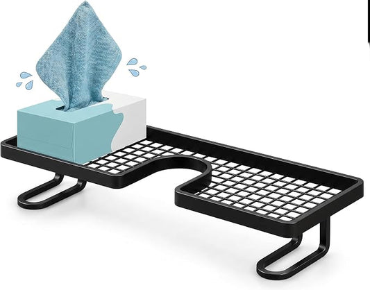 Behind The Faucet Sink Organizer with 20-Pack Pull-Out Microfiber Cloths, No-Drill U-Shaped Bathroom Countertop Shelf, Holds 10 Lbs, Quick Drain Washbasin Space Saver (Black)