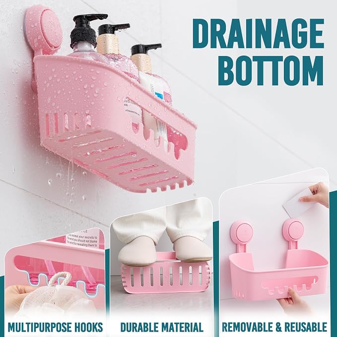 TAILI Shower Caddy Suction Cup 2 Pack, Heavy Duty Bathroom Organizer, Removable Shelves for Inside Shower, Shampoo, Waterproof Suction Plastic Storage for Bathroom Accessories Holder, Pink