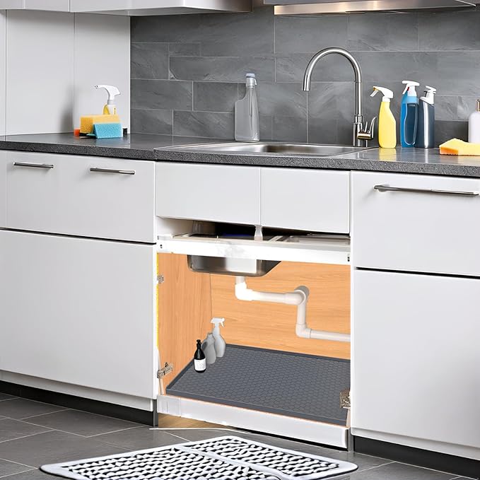 Under Sink Mat 22 x 19, Silicone Under Sink Protector Mat for Kitchen Waterproof, Easy to Clean Bathroom Cabinet Mat Organizers and Storage, Grey