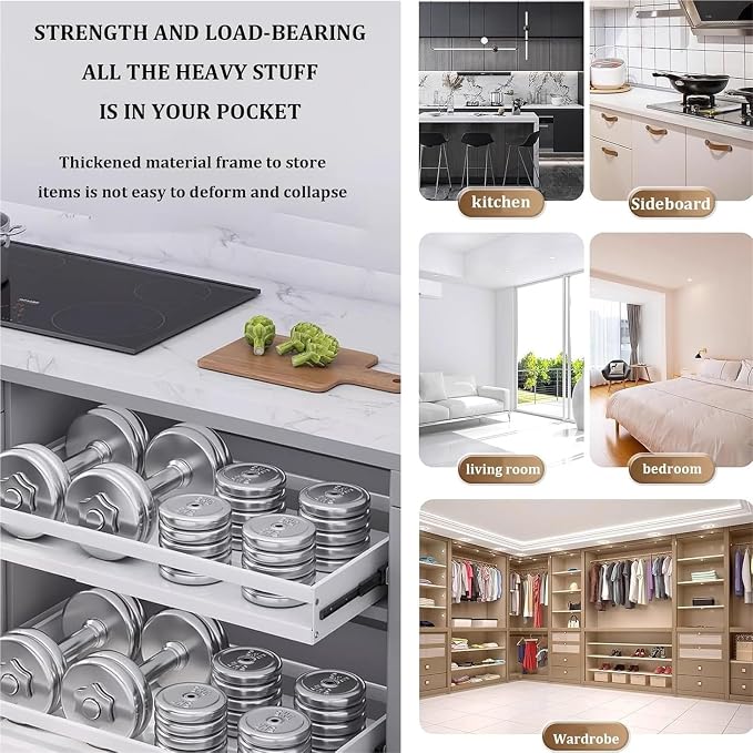 Pull out Cabinet Organizer,Under Sink Organizer, Roll out Storage Shelf Storage for Pantry,Extendable Drawer For Kitchen Storage,No Need Drill and Nailing,for Kitchen, Living Room, Home.(Black,TWO-47*