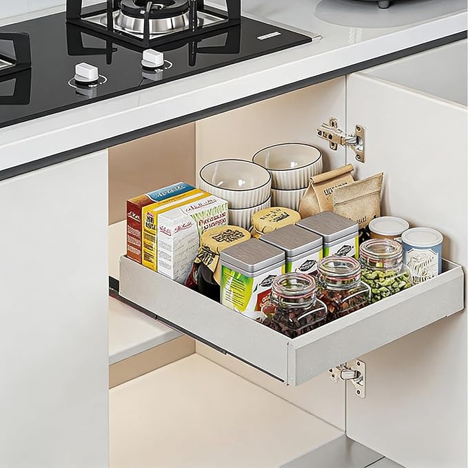 Pull Out Cabinet Organizer, Slide Out Drawers for Kitchen Cabinets, Heavy Duty Cabinet Pull Out Shelves with Adhesive Mount, No-Drill Space Aluminum Rolling Tray for Pantry, Bathroom & Base Cabinets