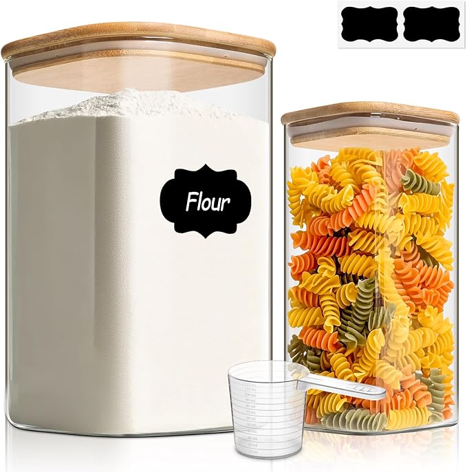 ComSaf Glass Pantry Storage Containers, 4.6Qt/1.6Qt Large Square Flour and Sugar Containers with Airtight Lids, 1.2 Gallon Glass Jars with Bamboo Lids for Rice, Pasta, Cookies, Coffee Beans