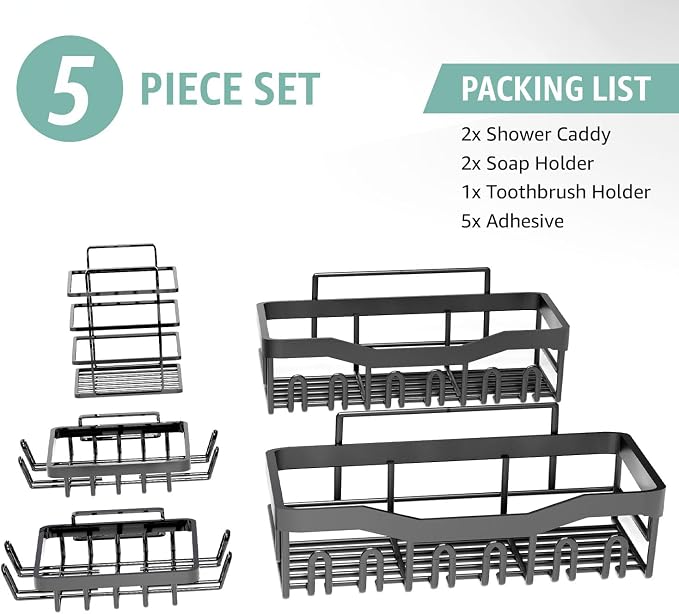 Adhesive Shower Caddy 5 Pack – Rustproof Stainless Steel No-Drill Bathroom Organizer Shelves with Large Capacity, Waterproof Storage Racks for Shower, Kitchen, Dorm, Apartment, and Home