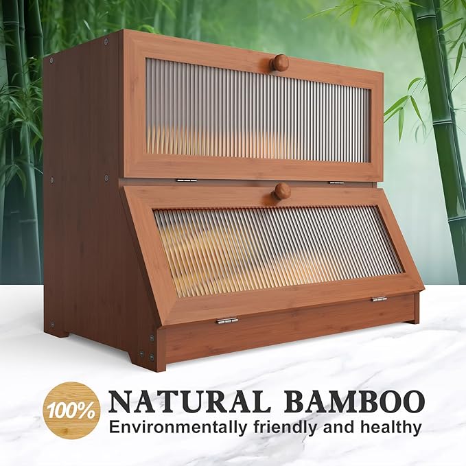 LOHASOK Bamboo Bread Box for Kitchen Countertop, Double Layer Large Bread Storage Container for Homemade Bread with Window & Lid, Bread Keeper Holder,Brown