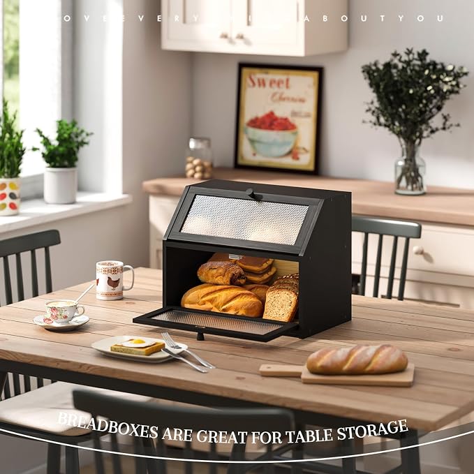STDDRE Bread Box for Kitchen Countertop Bin Double Layer Bread Box Storage Container Extra Large Capacity Farmhouse with Diamond Pattern Windows (Black, Large)