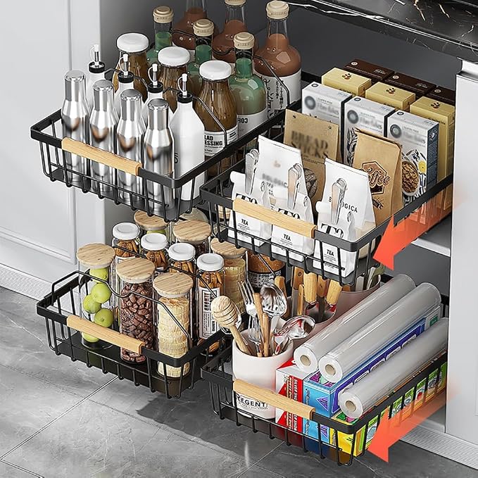 Takywep Pull Out Cabinet Organizer, No Drill Adhesive Pull Out Drawers, Pantry Organizers with 2 Iron Wires & Quiet Rails, Slide Out Cabinet Organizer for Bathroom, Kitchen, Pantry, White