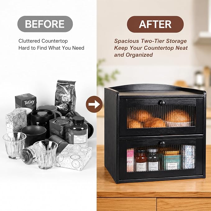 Bread box for Kitchen Countertop Double Layer Large, Solid Wooden Farmhouse Bread Storage Container with Acrylic Window, Bread Holder Organizer Bin for Homemade Bread and Pantry(Black)