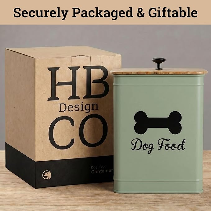 Dog Food Container Airtight 5-7 lb (25 Cup) Capacity - Cute Airtight Dog Food Storage Container with Bamboo Lid & Sturdy Metal Handle - Green Metal Kibble Storage Bin for Dogs up to 50 lbs - Pet Jar