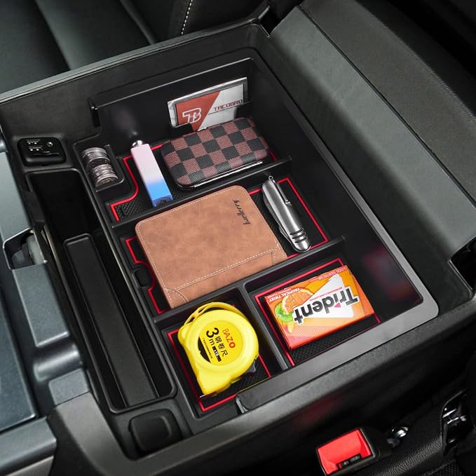 Full coverage Center Console Organizer Compatible with 2014-2018 GMC Sierra 1500 /Chevy Silverado 1500 Accessories 2015-2020 Yukon XL/Tahoe Suburban Insert Armrest Storage ABS Plastic, Red