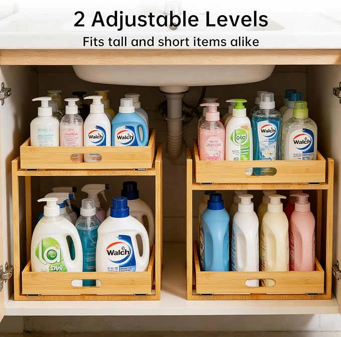 Under Sink Organizer and Storage - 2-Tier Bamboo Kitchen Cabinet Shelf with Adjustable Levels, Undersink Organization Slide Out for Bathroom Cabinet Pantry