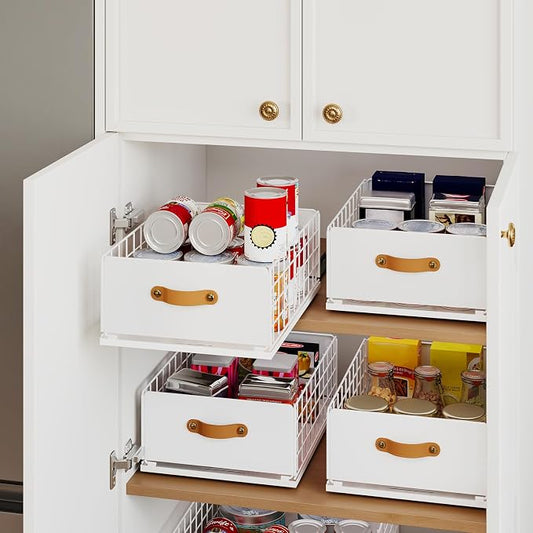 Pull Out Cabinet Organizer, No-Drill Pantry Drawers, Slide Out Shelves with Bamboo Risers for Lipped Cabinets,Ideal for Kitchen, Bathroom & Under Sink Storage (White, 11.8" Wide-15.7" Deep)