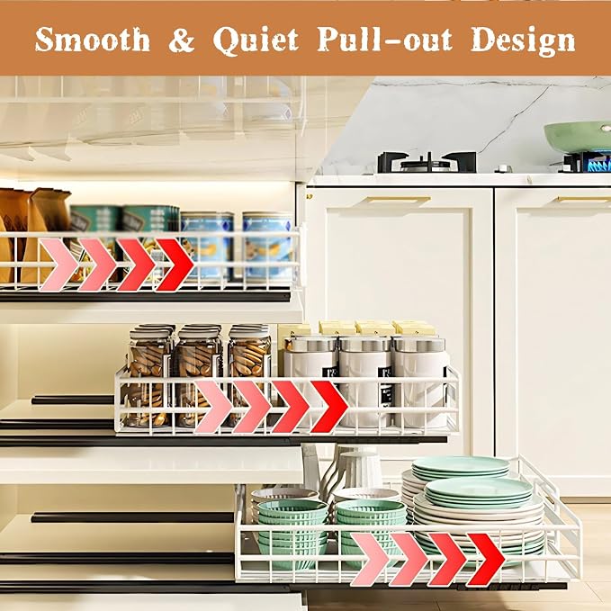 2-Pack Pull Out Cabinet Organizer, Adjustable Expandable 3-Slide Rails Drawers, No Drill Adhesive Cupboard Storage Shelf for Kitchen, Pantry, Living Room, Bathr(Color:Black 2 Pack (1 Large + 1 Small))