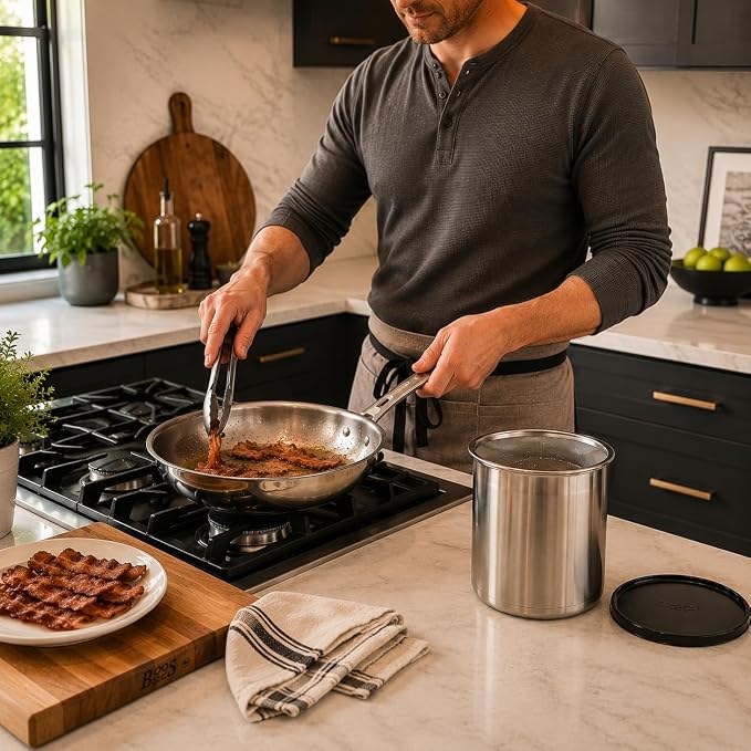 Oggi Stainless Steel Jumbo Grease Container with Removable Strainer and Snug Lid. Perfect container for fryer oil, bacon drippings, lard and ghee oil. Large capacity can - 1 Gall / 4 Qt / 3.75 Lt
