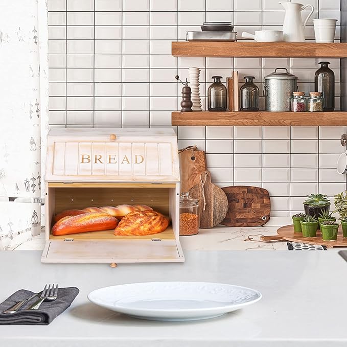 HOMEKOKO Vintage Double Layer Large Bread Box for Kitchen Counter, Retro Design Wooden Large Capacity Bread Storage Bin (White)