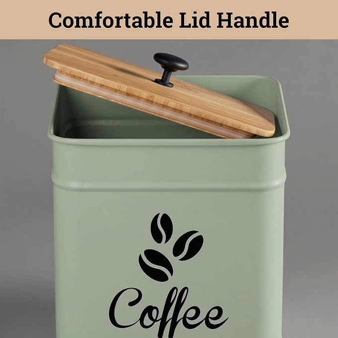 Airtight Coffee Canister - 40 oz Large Iron Sage Green Container Airtight - 6 x 8 inch Metal Jar - Stylish Countertop Container for Coffee Grounds, Beans & Pods with Rubber-Lined Bamboo Lid
