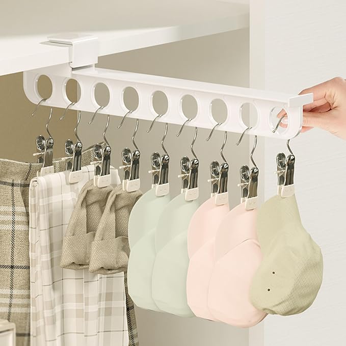 Closet Valet Rod Slide Out, Plastic Pull Out Pants Rack with 9 Holes, No-Drill Space-Saving Organizer, Top Mount Telescopic Pants Rack, White