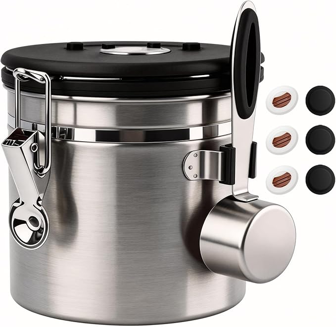 ShanSon Coffee Canister Airtight, Stainless Steel Bean Storage Container with Date Tracker & Scoop, Grounds Sugar Flour Tea Cereal Fits Kitchen Pantry, Ideal Gift for Coffee Lovers,12oz,Silver