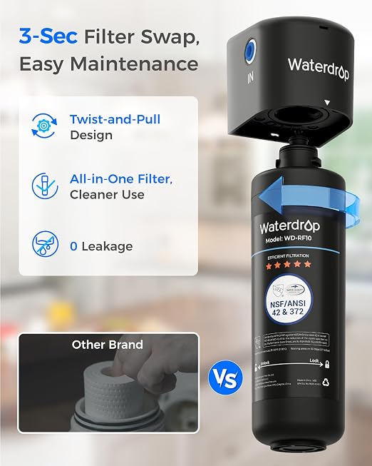 Waterdrop 10UB-B Under Sink Water Filter System, Reduces PFAS, PFOA/PFOS, Lead, Chlorine, Bad Taste & Odor, NSF/ANSI 42 Certified, Under Sink Water Filter with Black Faucet, 1 Year