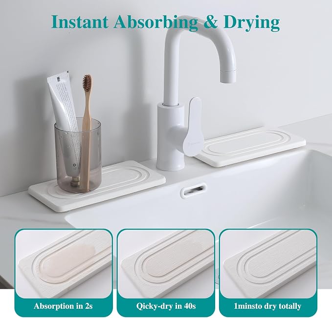 2PCS Water Absorbing Stone Tray for Sink, Quick Drying Diatomite Bathroom Tray Countertop, Stone Drying Mat for Kitchen Counter Faucet, Soap Dish Dispenser Vanity Organizer, White-7.9" x 4"