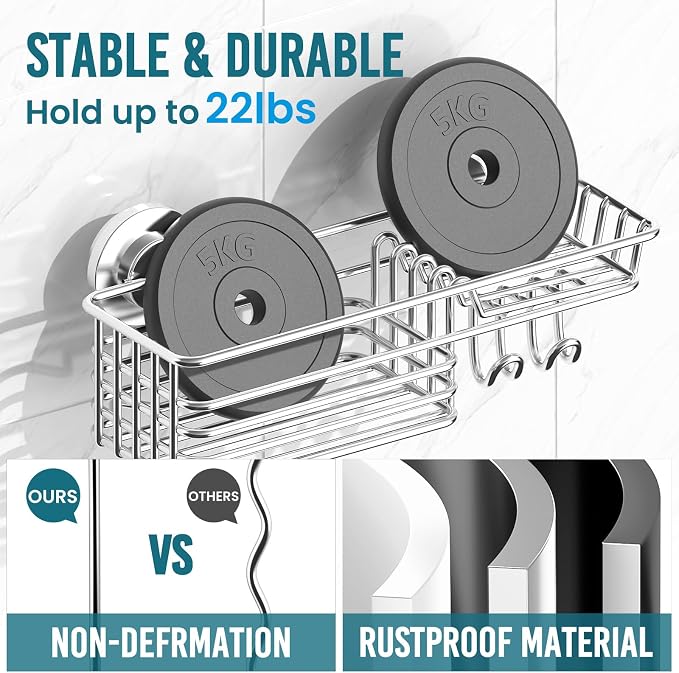 TAILI Shower Caddy with Suction Cups, Wall Mounted Organizer for Small Bathrooms, Kitchen, Removable Drill-Free Heavy Duty Shelf Basket, Silver