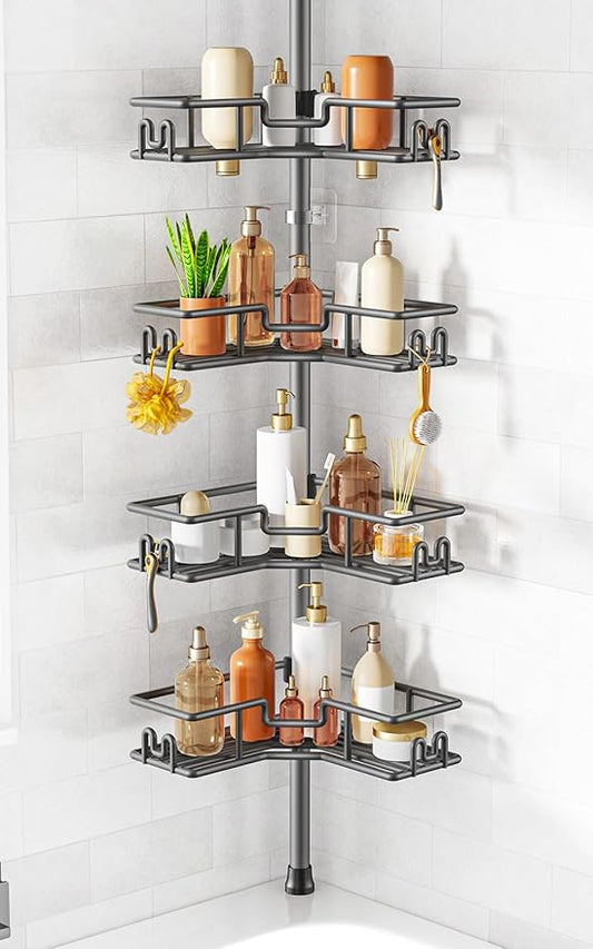HAMITOR Adjustable 4-Tier Bathroom Storage: Corner Rustproof Shower Caddy Tension Pole - Floor-to-Ceiling Space-Saving Organizer - No Drill Tension Mounted Home Accessory Rack for Renters 47-123 Inch