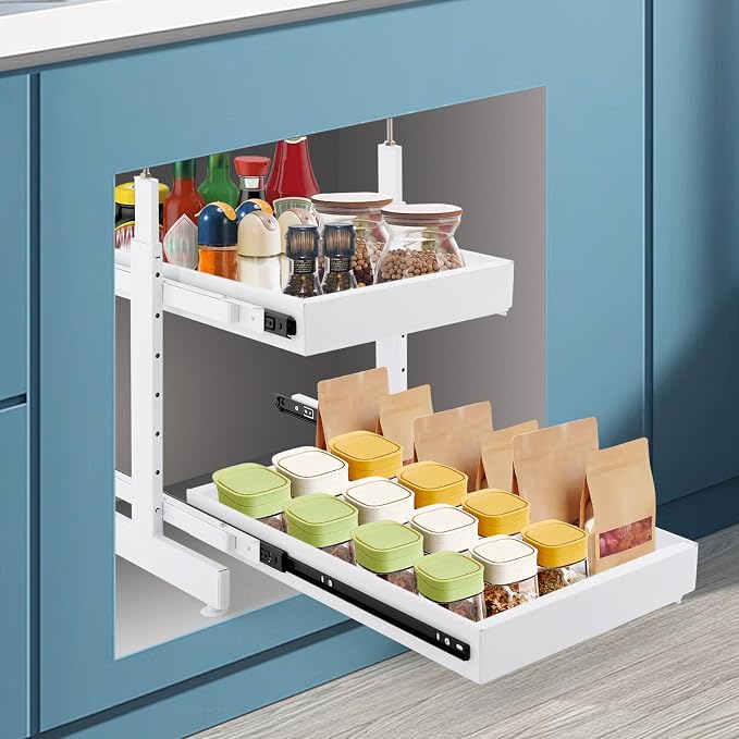 2-Tier Pull Out Cabinet Organizer, Pull out Drawers for Cabinets, No Drill Adjustable Roll Out Shelves Sliding Cabinet for Kitchen,Bathroom,Pantry,Under Sink Storage (White)